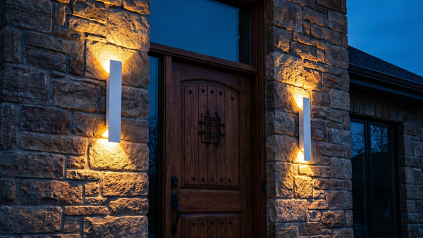 Deux appliques extérieures blanches à double faisceau de part et d'autre d'une porte d'entrée en bois, façade en pierre la nuit