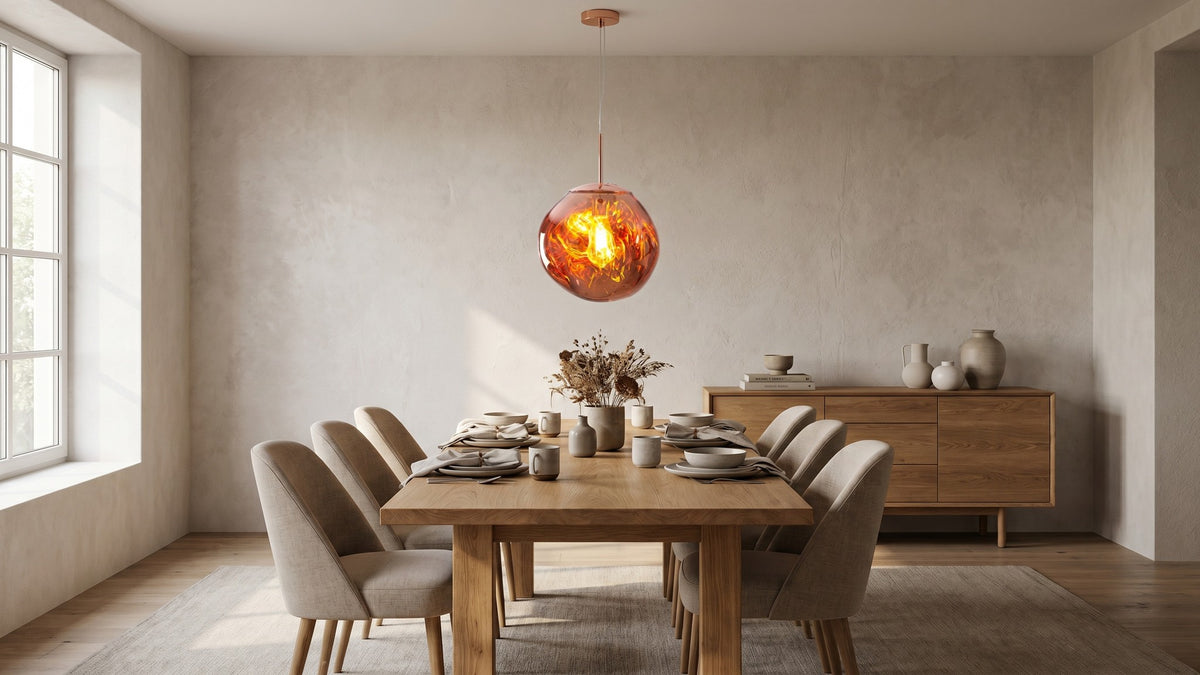 Suspension en verre ambré marbré au-dessus d'une table à manger en bois entourée de chaises