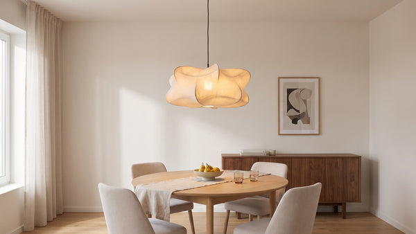 Suspension Pivoine de 60 cm au-dessus d'une table ronde dans une salle à manger claire