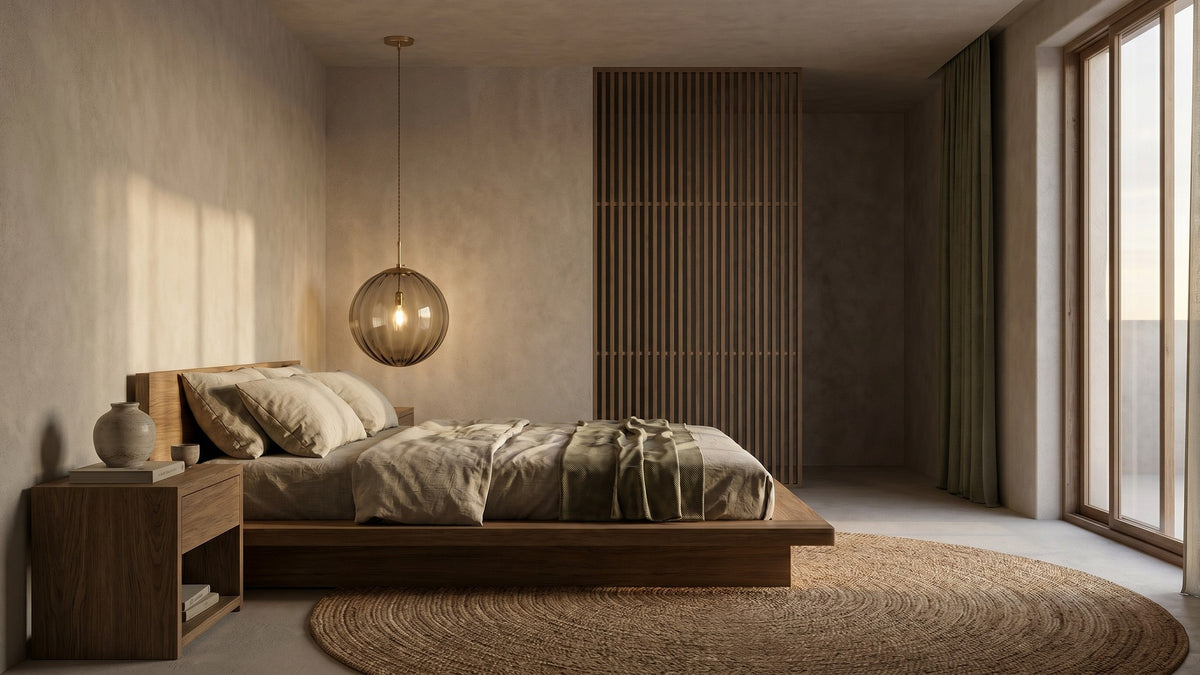 Suspension globe en verre fumé allumée à côté d'un lit bas en bois, dans une chambre aux tons naturels