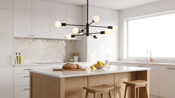 Lustre Constellation noir à 8 branches au-dessus d'un îlot de cuisine claire