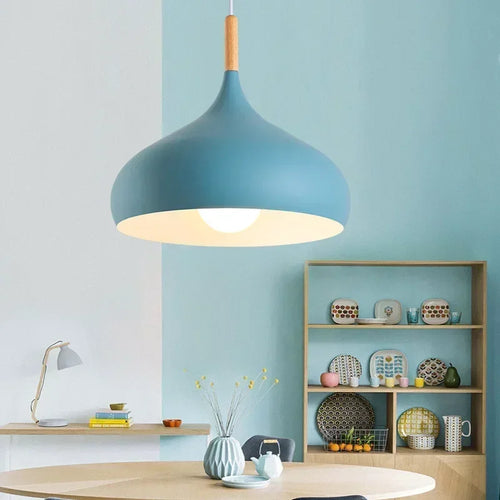 Suspension métal colorée E27 24 cm, installé dans cuisine contemporain ambiance chaleureuse