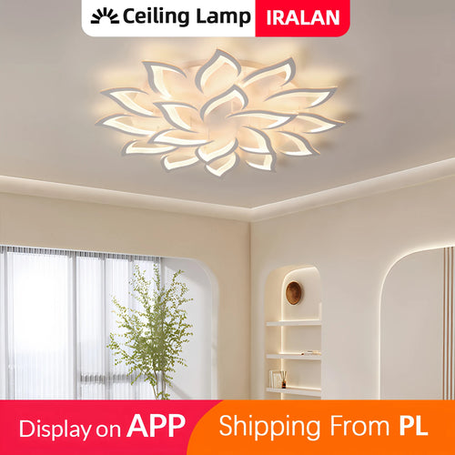 Lustre LED Lotus blanc 14 lumières dans un salon design moderne