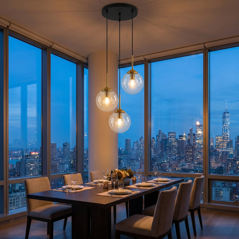 Suspension Rosée coloris transparent, dans un penthouse new-yorkais au crépuscule, allumée