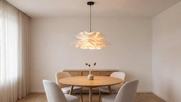 Lustre Dahlia en pétales d'acrylique blanc au-dessus d'une table de salle à manger claire