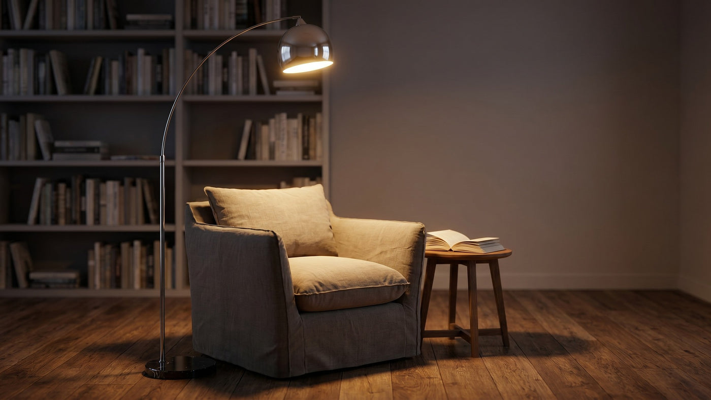 Lampadaire métal et marbre allumé dans un coin lecture cosy au crépuscule