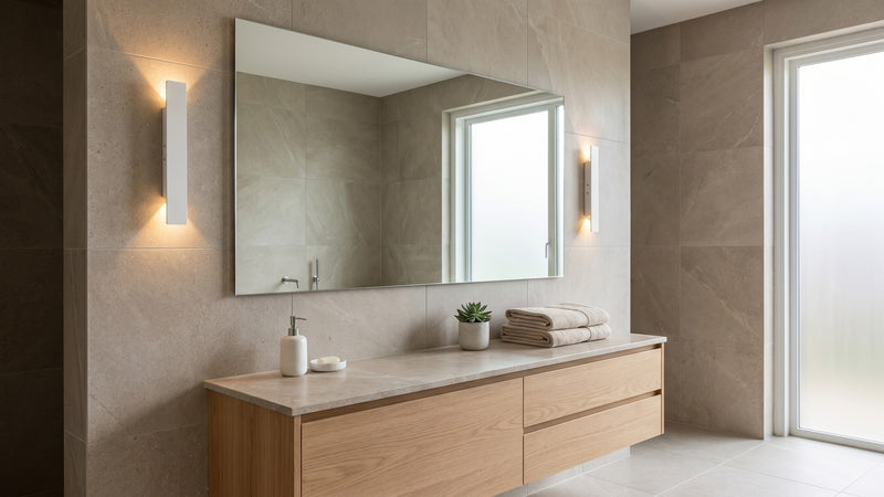 Paire d'appliques de salle de bain de part et d'autre d'un miroir, ambiance spa