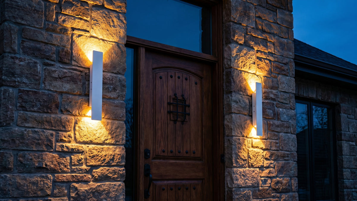 Deux appliques extérieures blanches à double faisceau de part et d'autre d'une porte d'entrée en bois, façade en pierre la nuit