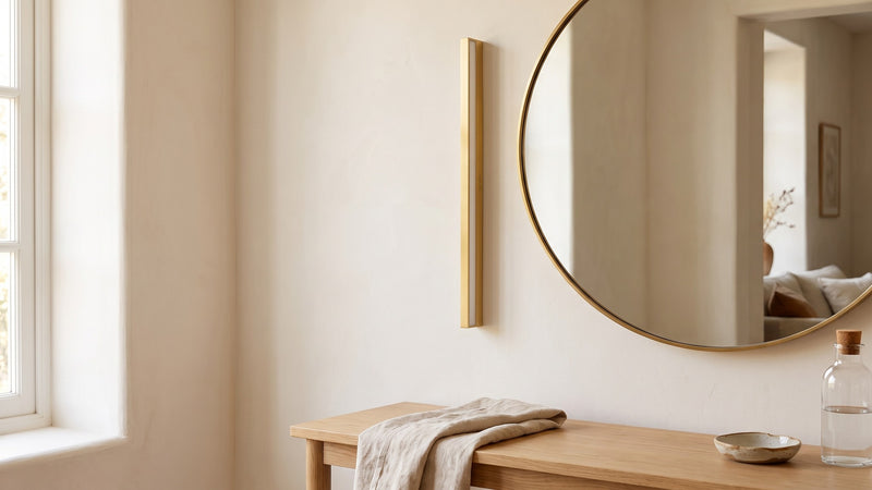 Applique Trait dorée posée à côté d'un miroir dans une entrée claire