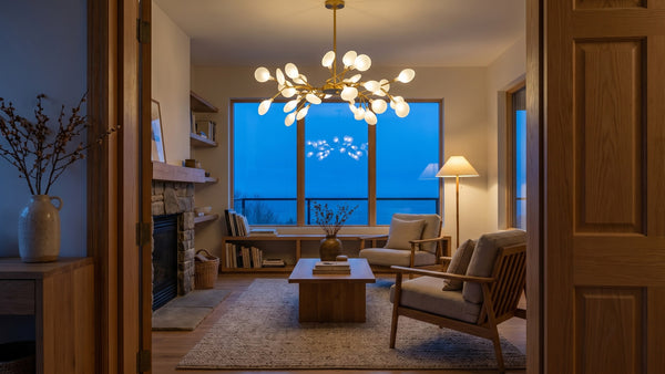 Lustre doré à branches et petites feuilles opalines allumé en blanc chaud dans un salon avec cheminée, le soir