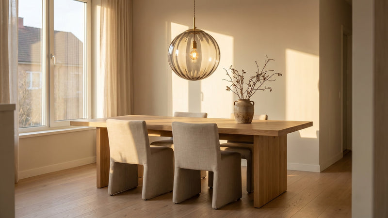 Suspension en verre soufflé au-dessus d'une table en chêne, lumière dorée dans une salle à manger scandinave