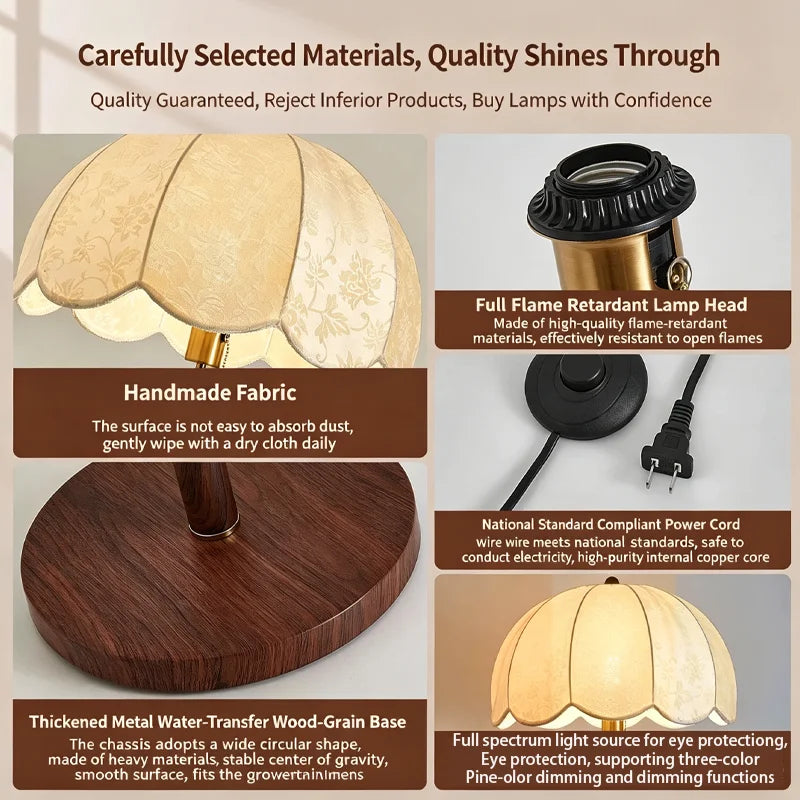 Lampadaire LED col de cygne tissu E27 ajustable, vue d'ensemble du luminaire allumé jeu de lumière naturel