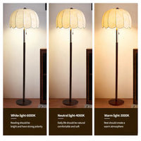 Lampadaire LED col de cygne tissu E27 ajustable, vue trois quarts du luminaire éteint jeu de lumière naturel