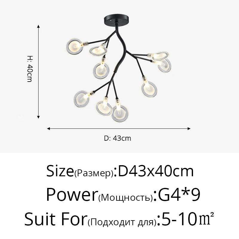 Lustre LED doré 18 branches au-dessus d'une table à manger 6 places