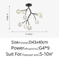 Lustre LED doré 18 branches au-dessus d'une table à manger 6 places