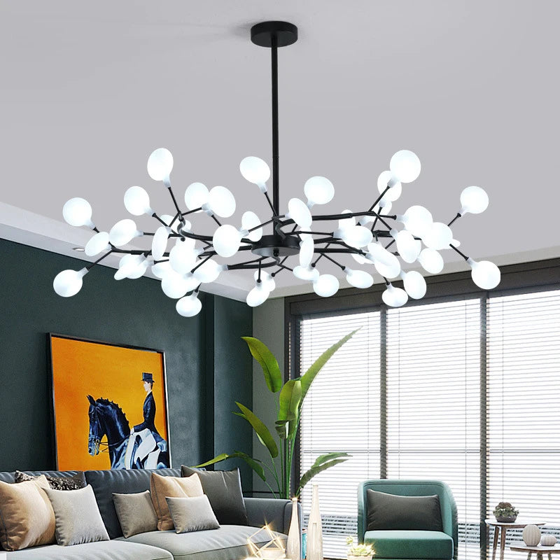 Lustre LED nordique modèle B 45 branches au-dessus d'une salle à manger