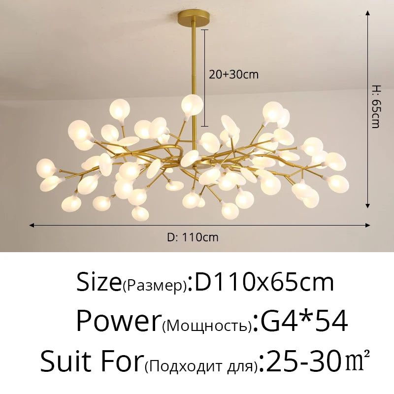 Lustre LED doré 54 branches en lumière chaude au-dessus d'un séjour