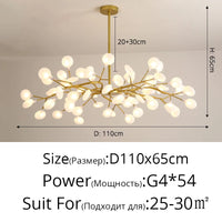 Lustre LED doré 54 branches en lumière chaude au-dessus d'un séjour