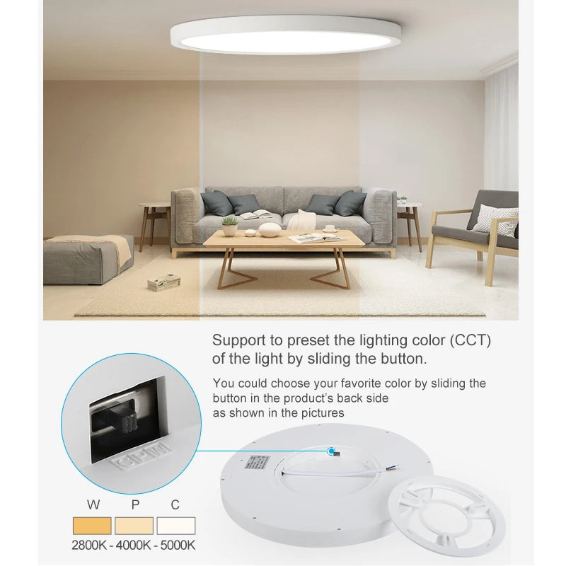 Plafonnier LED bois doré, vue d'ensemble du luminaire allumé jeu de lumière naturel