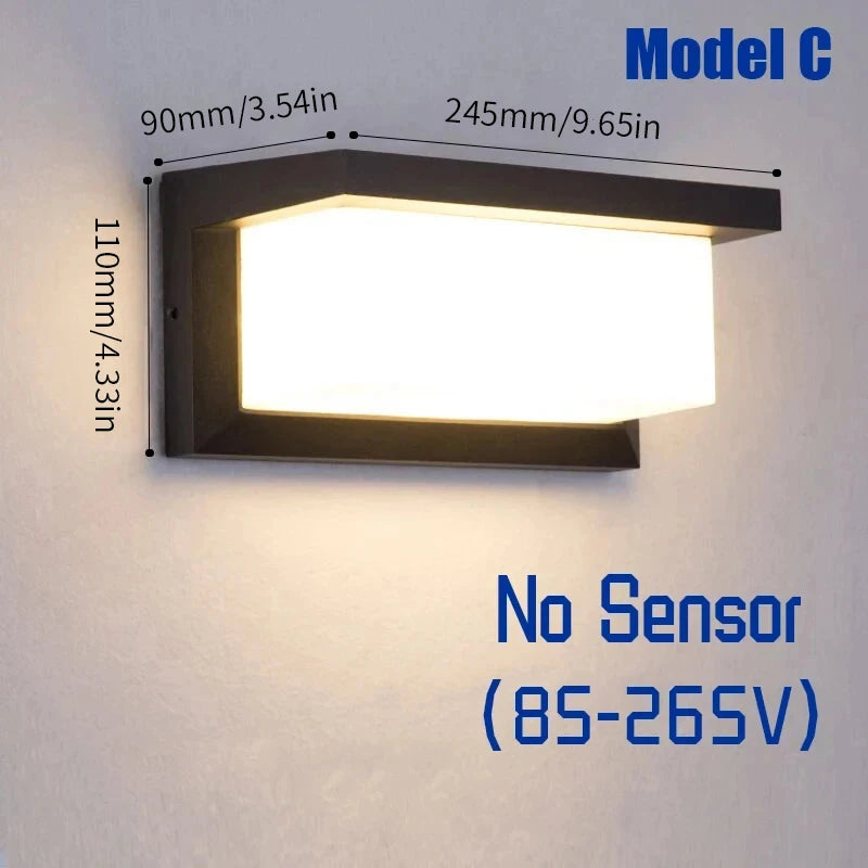 Applique murale extérieure LED capteur mouvement IP65, vue rapprochée de la structure jeu de lumière naturel