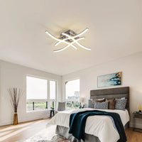 Plafonnier LED design courbé 24 W blanc neutre 4000 K, vue d'ensemble du luminaire allumé jeu de lumière naturel