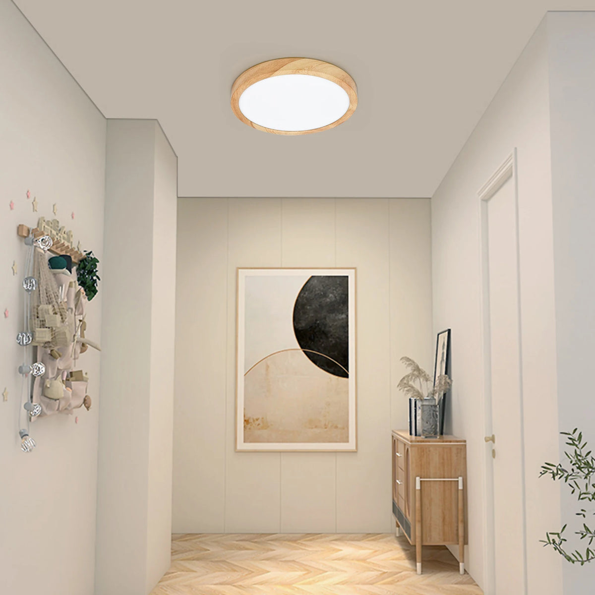 Plafonnier LED bois doré, détail du diffuseur lumineux