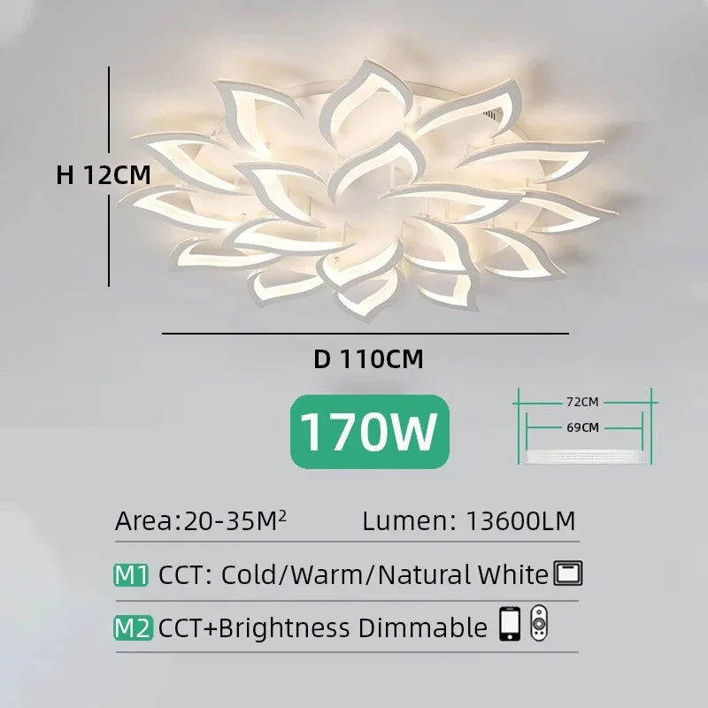 Vue trois quarts du lustre Lotus blanc 14 lumières au plafond