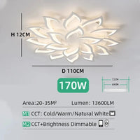 Vue trois quarts du lustre Lotus blanc 14 lumières au plafond