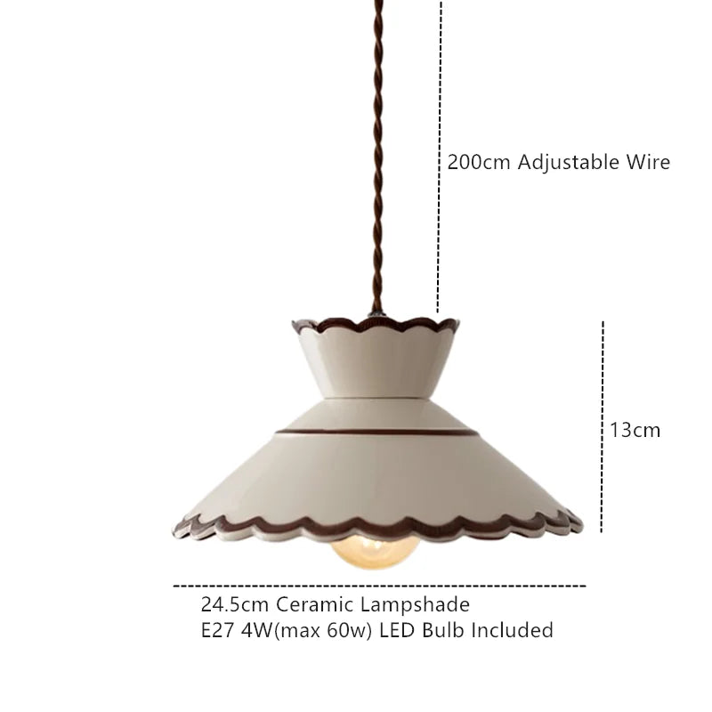 Suspension céramique vintage E27, vue d'ensemble du luminaire allumé