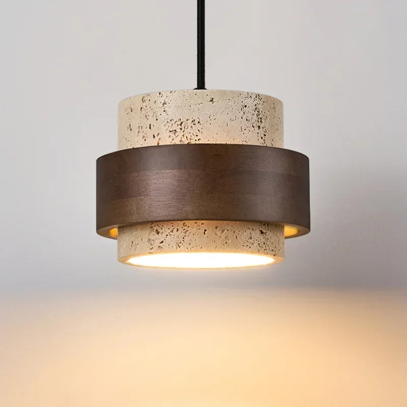 Suspension LED pierre et bois noyer 17 cm, chevet japonais
