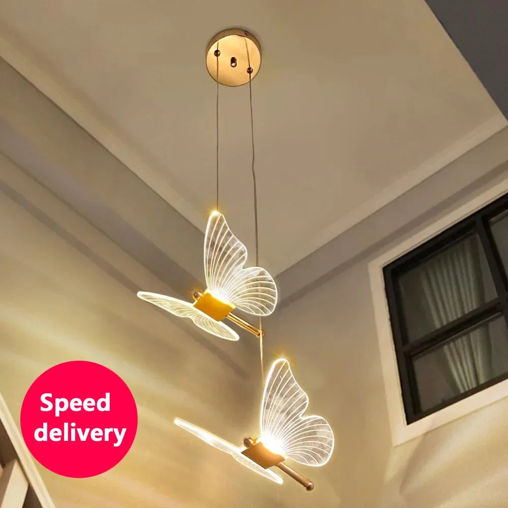Suspension papillon LED 1 branche en blanc chaud, ambiance chevet