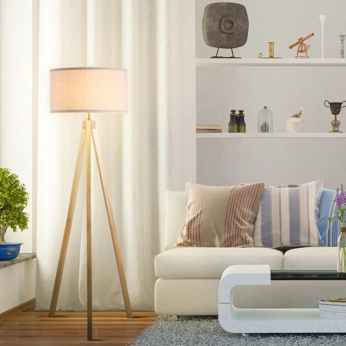 Lampadaire trépied scandinave bois E27 40 W beige, vue d'ensemble du luminaire allumé jeu de lumière naturel