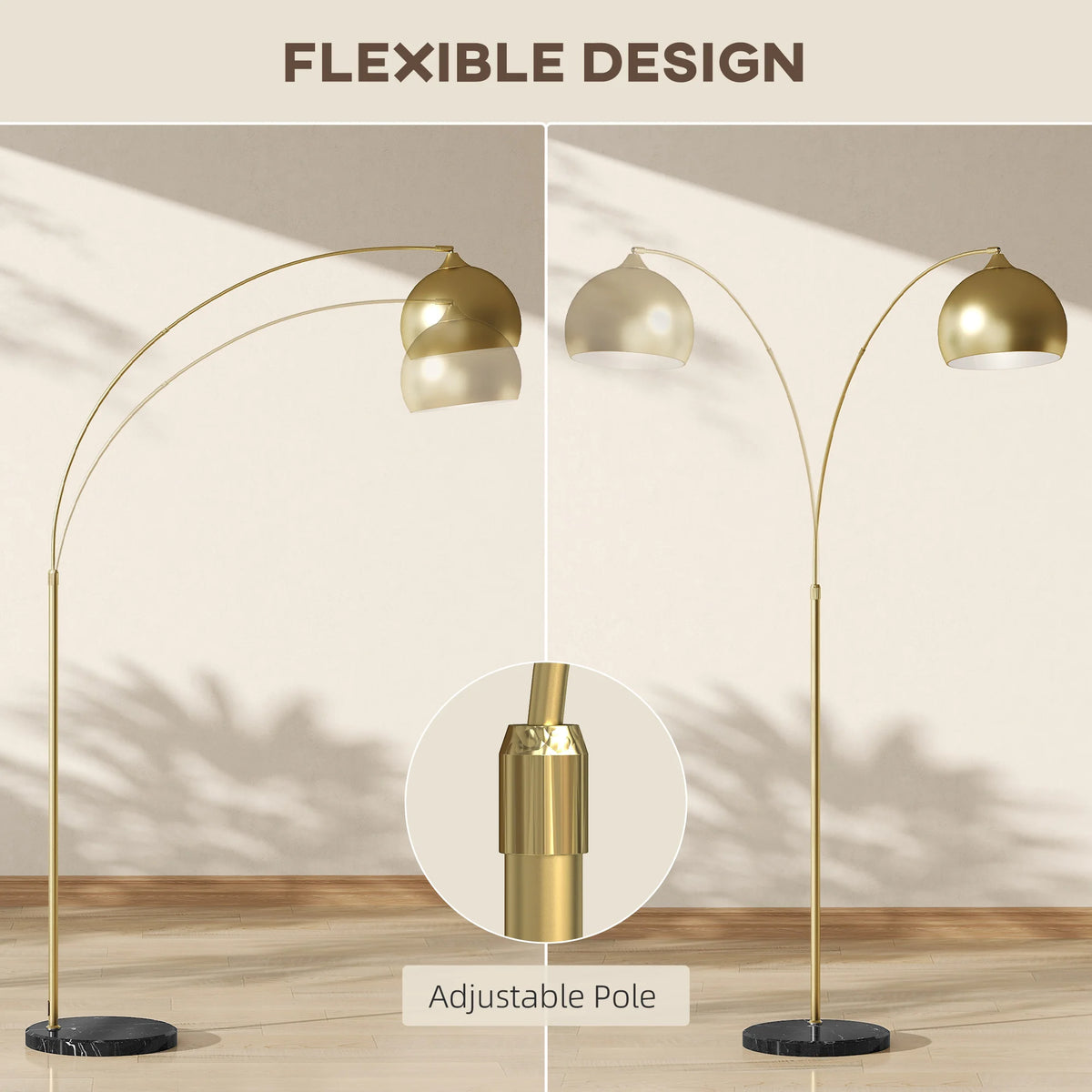 Lampadaire arc métal doré E27 40 W, vue trois quarts du luminaire éteint jeu de lumière naturel