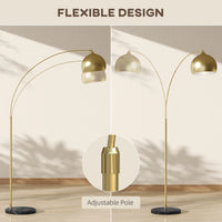 Lampadaire arc métal doré E27 40 W, vue trois quarts du luminaire éteint jeu de lumière naturel