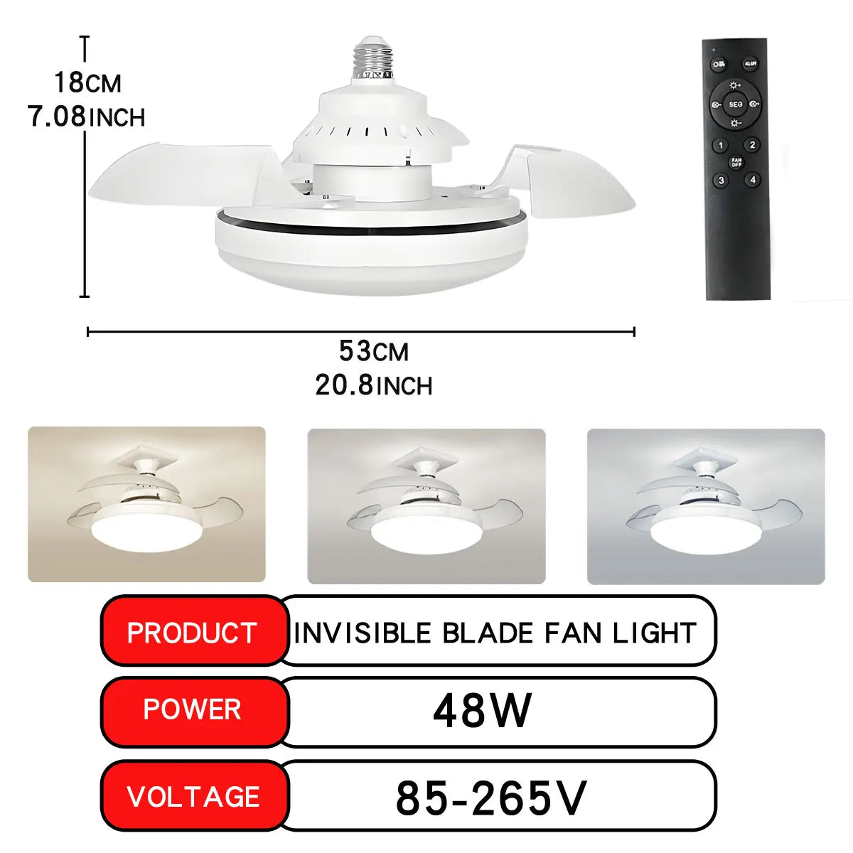 Ventilateur de plafond LED E27 télécommande variateur, vue rapprochée de la structure jeu de lumière naturel