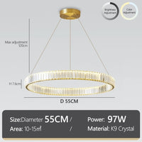 Vue trois quarts du lustre cristal LED doré 36 cm