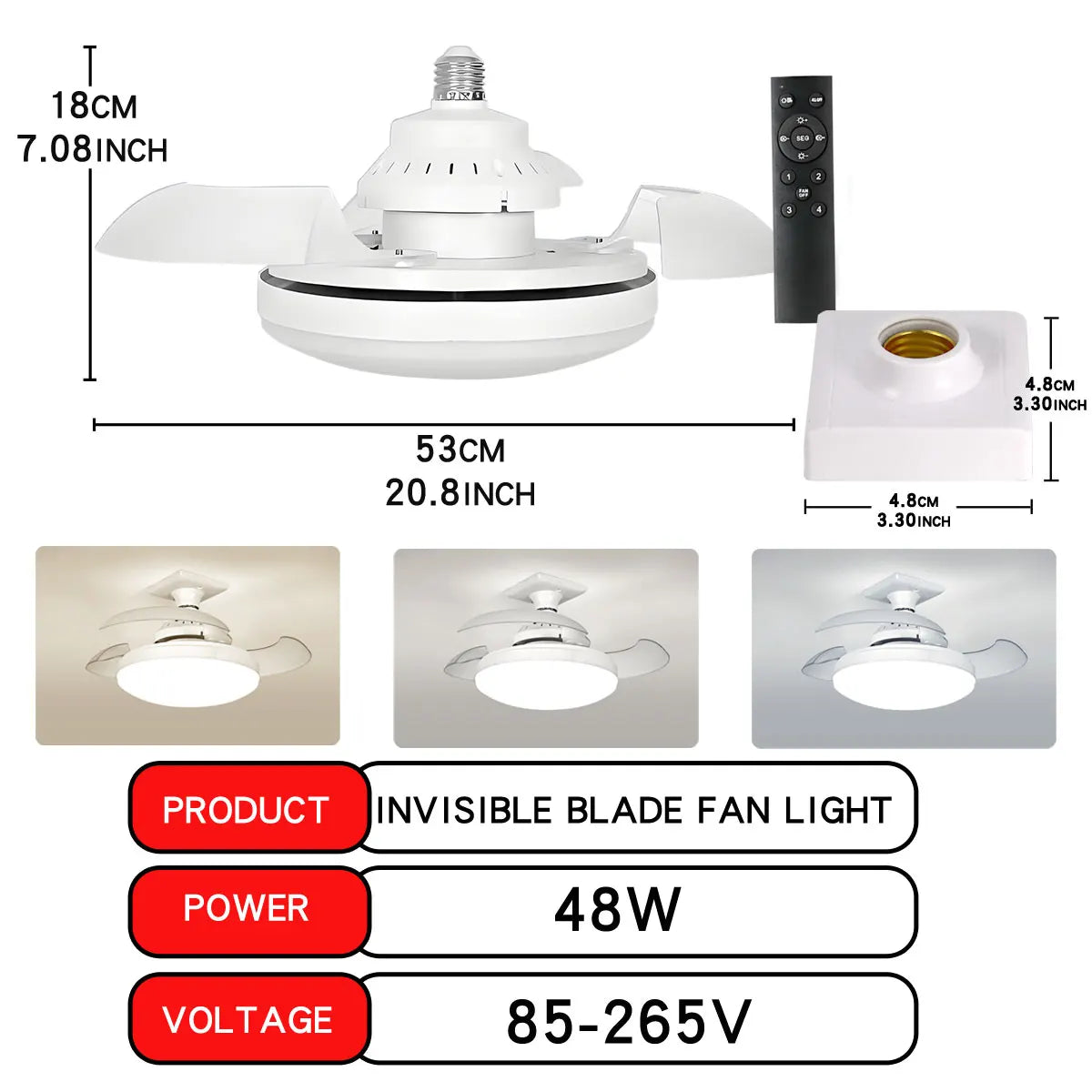 Ventilateur de plafond LED E27 télécommande variateur, vue détaillée de la connectique ambiance chaleureuse