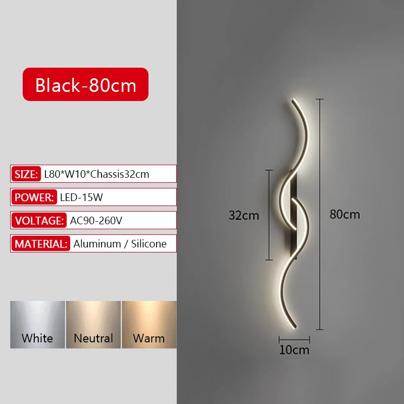Applique LED longue noire 80 cm forme C, décoration minimaliste salon