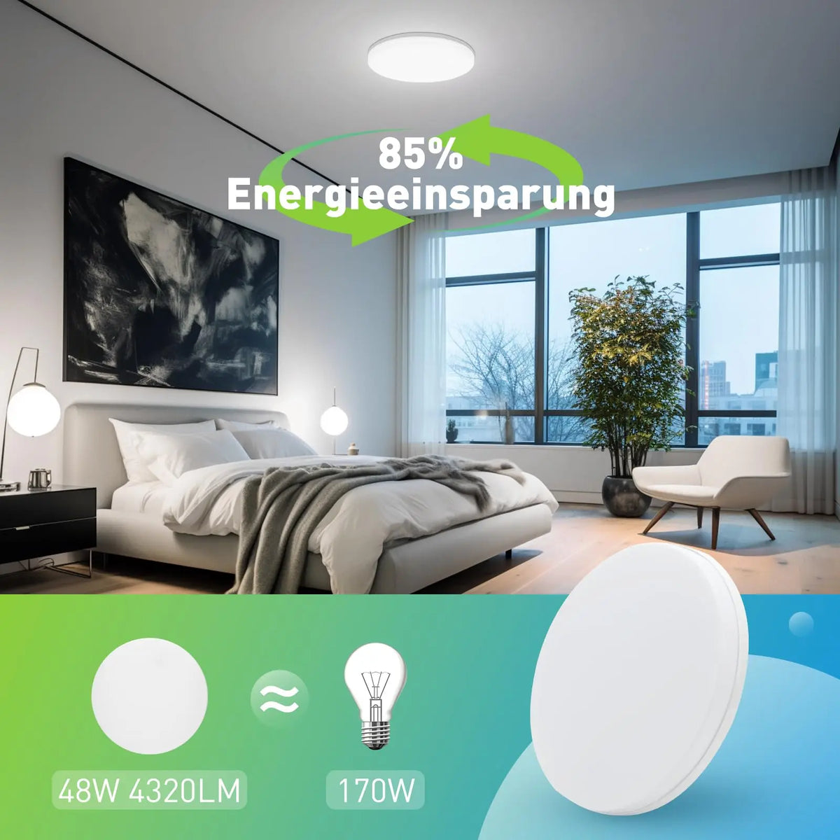 Plafonnier LED rond, vue d'ensemble du luminaire allumé jeu de lumière naturel