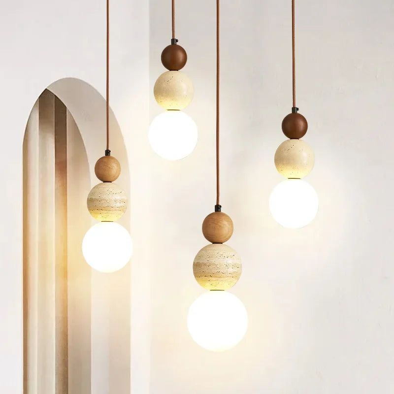 Lustre cream pierre bois Bauhaus E14, détail de la finition et du matériau