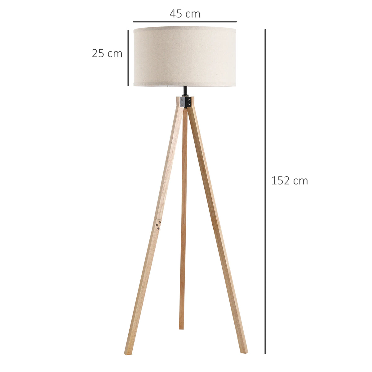 Lampadaire trépied scandinave bois E27 40 W beige, vue trois quarts du luminaire éteint jeu de lumière naturel