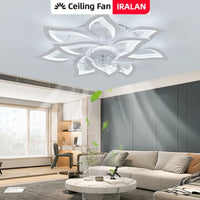 Ventilateur de plafond LED fleur blanc dans un salon design
