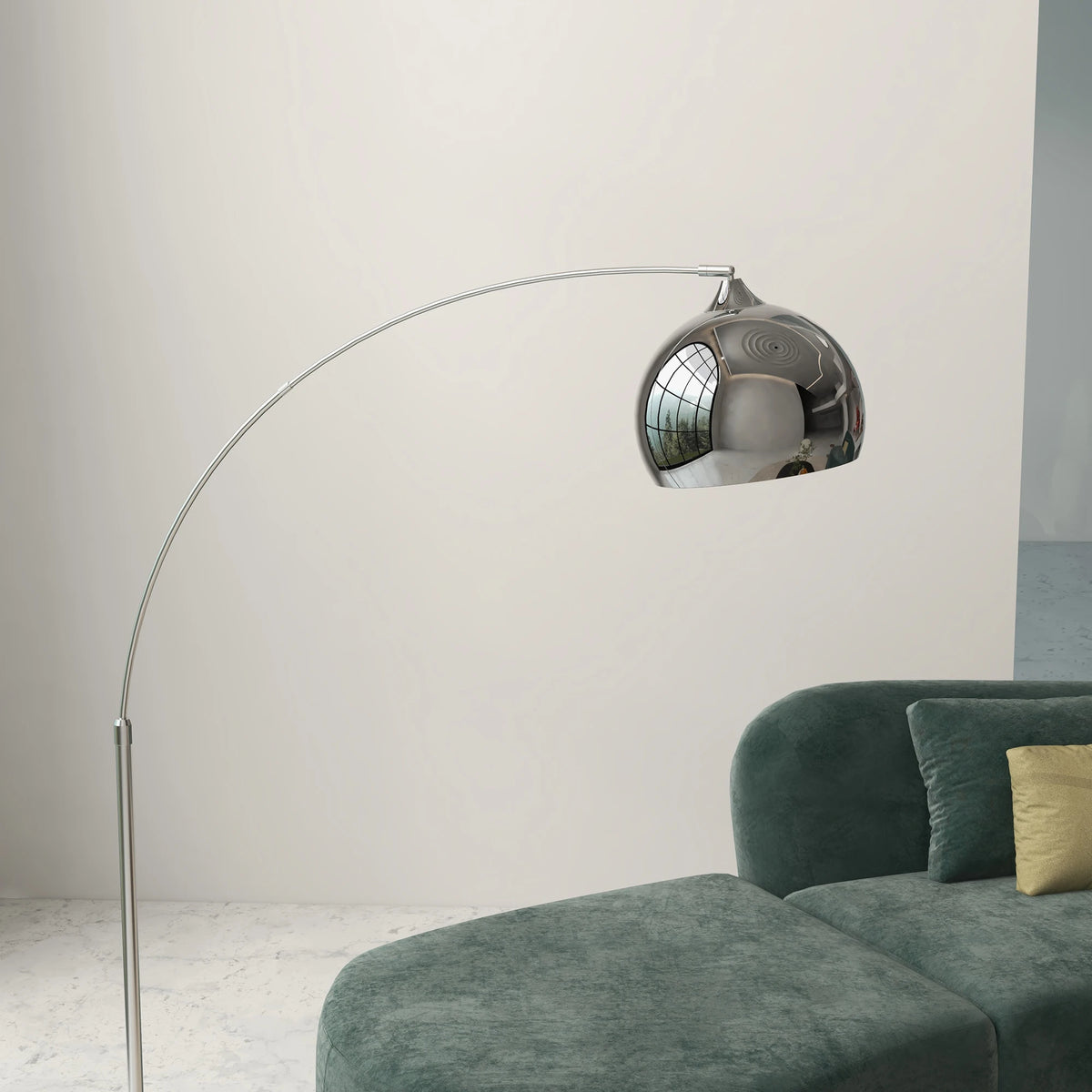 Lampadaire arc métal noir E27 40 W, vue trois quarts du luminaire éteint jeu de lumière naturel