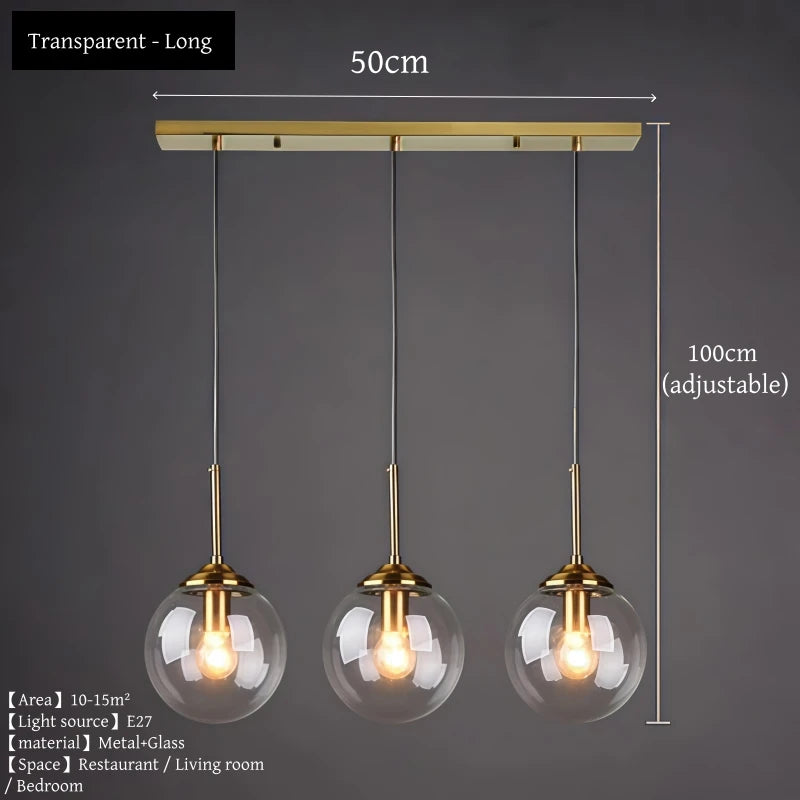Vue trois quarts de la suspension verre soufflé luxe E27 dorée