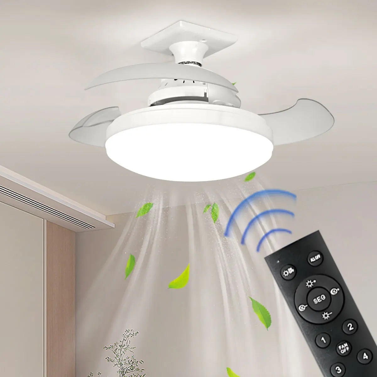 Ventilateur de plafond LED E27 télécommande variateur, installé dans salon contemporain ambiance chaleureuse