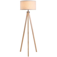 Lampadaire trépied scandinave bois E27 40 W beige, installé dans salon contemporain ambiance chaleureuse