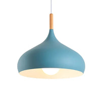 Suspension métal colorée E27 24 cm, vue trois quarts du luminaire éteint jeu de lumière naturel