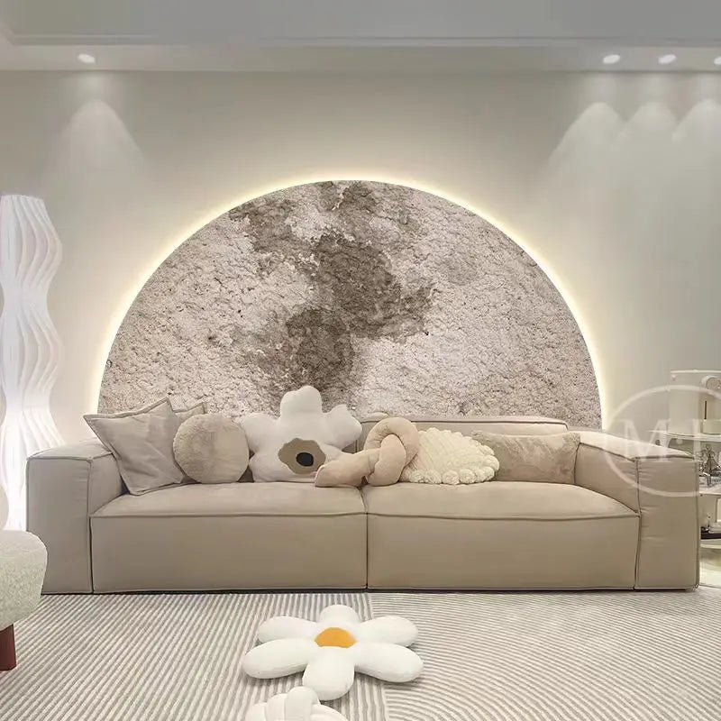 Applique tableau lune LED allumée au-dessus du canapé, ambiance tamisée