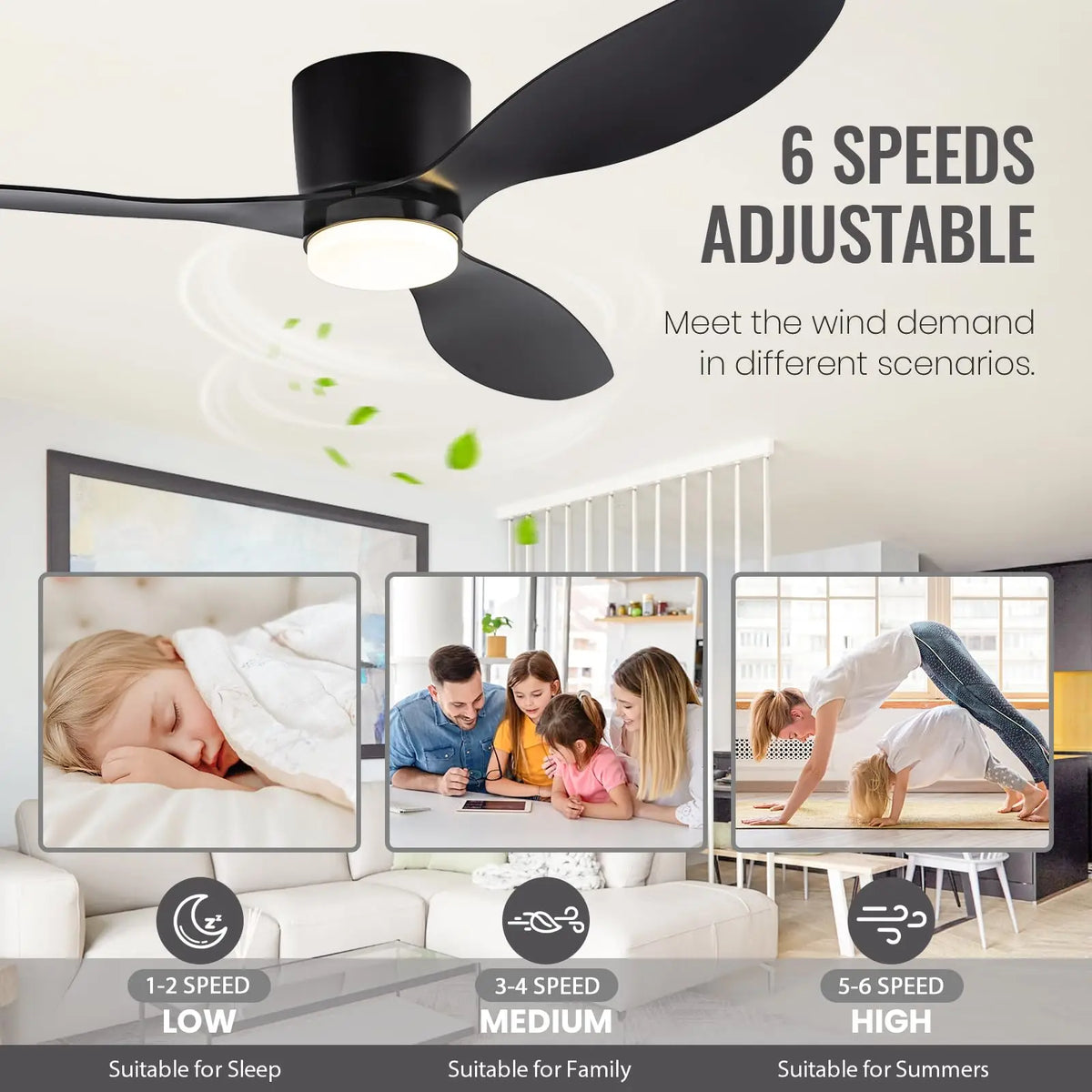 Détail des pales bois et du moteur DC silencieux du ventilateur