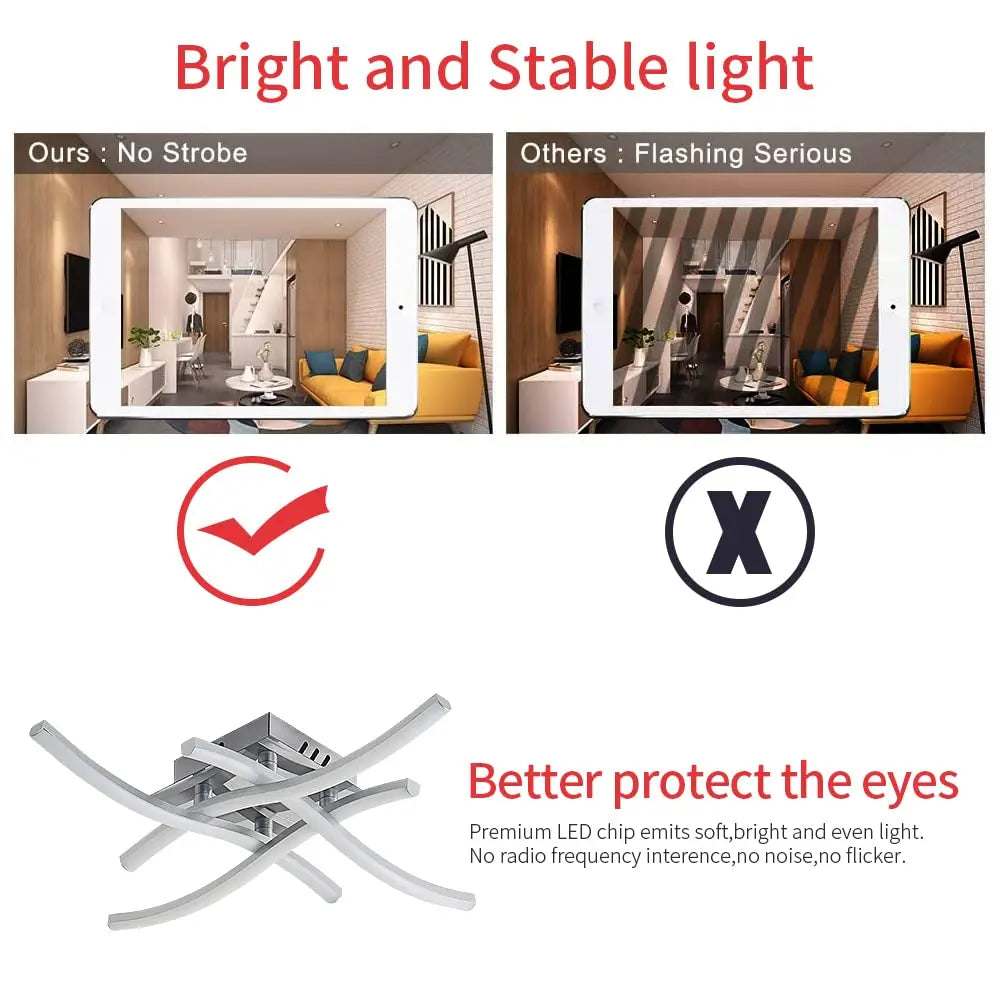 Plafonnier LED design courbé 24 W blanc neutre 4000 K, vue trois quarts du luminaire éteint jeu de lumière naturel